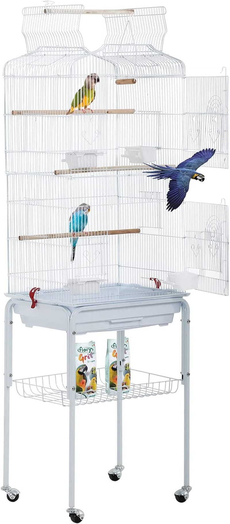 Bestpet Bird Cage Parakeet Cage 64 Inch Open Top Standing Parrot Cage Accessories with Rolling Stand for Medium Small Cockatiel Canary Parakeet Conure Finches Budgie Lovebirds Storage Shelf Animals & Pet Supplies > Pet Supplies > Bird Supplies > Bird Cages & Stands BestPet White  