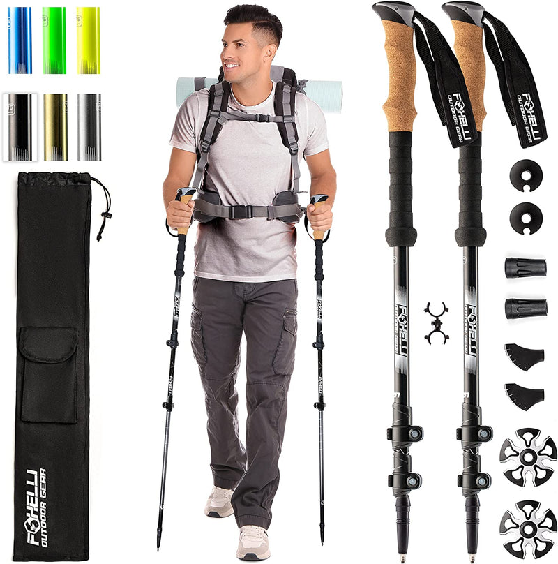 Foxelli Trekking Poles – 2-Pc Pack Collapsible Lightweight Hiking Poles, Strong Aircraft Aluminum Adjustable Walking Sticks with Natural Cork Grips and 4 Season All Terrain Accessories Sporting Goods > Outdoor Recreation > Winter Sports & Activities Foxelli Black  