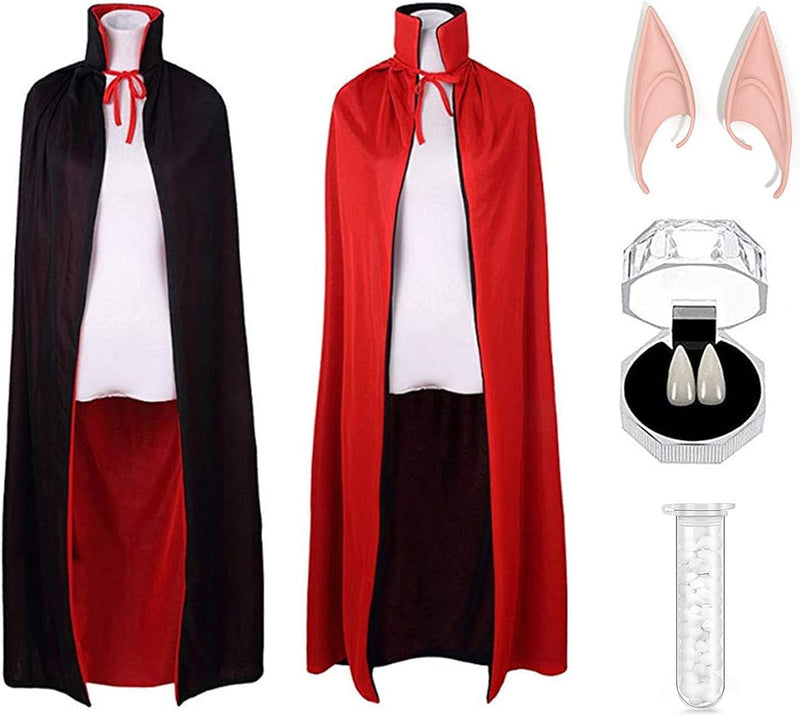 CAKKA Halloween Vampire Cloak, 55” Reversible Halloween Costume Cape with Vampire Teeth and Ears, Double Layer Magician Costume for Unisex Women and Men (Red and Black)  CAKKA   