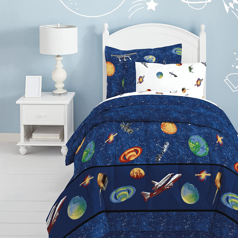 Dream Factory Kids 6-Piece Complete Set with Bedskirt Easy-Wash Super Soft Comforter Bedding, Twin, Blue Outer Space Satellites Home & Garden > Linens & Bedding > Bedding CHMJE Blue Outer Space Satellites Twin 