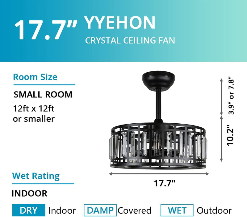 YYEHON Crystal Ceiling Fan with Lights and Remote, Bladeless Fandelier, 18" Caged Industrial Fan, Indoor Chandelier Fan Light for Bedroom, Living Room, Dinning Room, Kitchen, Black Sporting Goods > Outdoor Recreation > Fishing > Fishing Rods YYEHON   