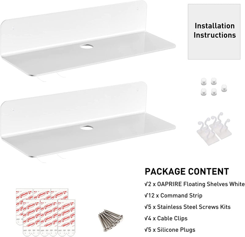 OAPRIRE Floating Shelves White Set of 2 - Damage Free Expand Wall Space - 12 Inch Command Shelf for Bedroom, Bathroom, Kitchen, Living Room, Small Acrylic Wall Shelves with Cable Clips Furniture > Shelving > Wall Shelves & Ledges OAPRIRE   