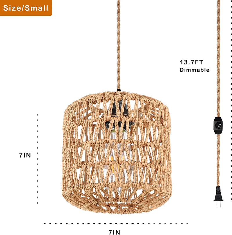 Plug in Pendant Light Rattan Hanging Lights with Plug in Cord Wicker Hanging Lamp Dimmable,Handmade Woven Boho Bamboo Basket Lamp Shade,Plug in Ceiling Light Fixture for Living Room Bedroom Kitchen