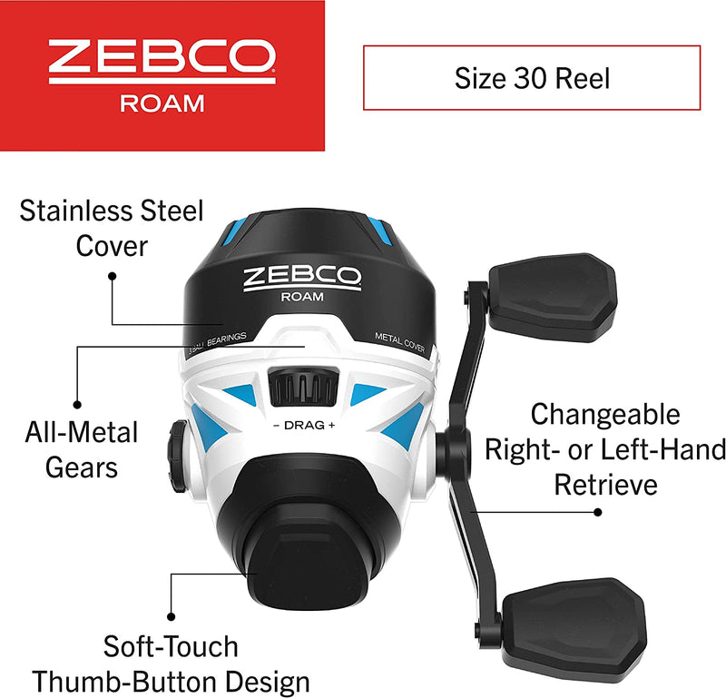 Zebco Roam Spinning Fishing Reel, Size 30 Reel, Changeable Right or Left-Hand Retrieve, Pre-Spooled with 10-Pound Zebco Fishing Line