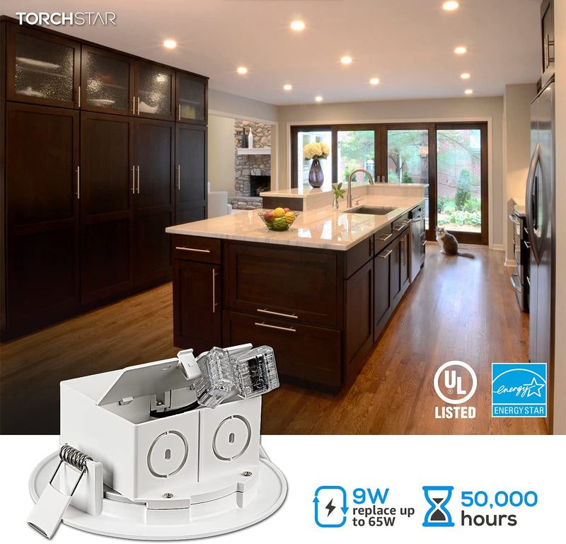 TORCHSTAR 4 Inch Integrated LED Recessed Ceiling Light with Junction Box, 9W Dimmable Downlight, 3000K Warm White, Airtight, UL & Energy Star Listed, 5 Years Warranty, Pack of 4 Home & Garden > Lighting > Flood & Spot Lights TORCHSTAR   
