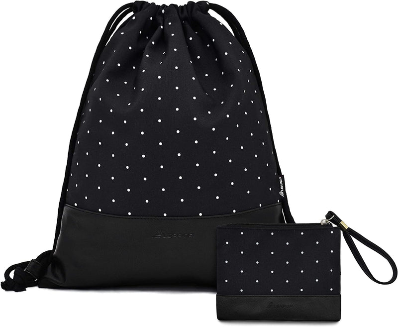 Leapop Drawstring Bag Gym Bag Vegan Leather Sport Backpack with a Coin Purse (Pink Flower Butterfly) Home & Garden > Household Supplies > Storage & Organization Leapop Black Polka Dot  