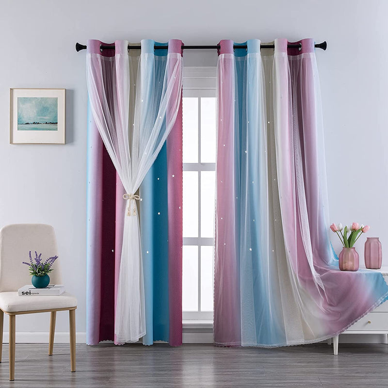 INDISTAR Star Blackout Curtains for Girls Kids Bedroom, Colourful Stripe Window Curtain Panels, 2 Layer Lace Drapes, Room Darkening Curtain for Living Room Decor, 2 Panels (Blue W52 X L63 Inch Home & Garden > Decor > Window Treatments > Curtains & Drapes Indistar Purple/Blue 52"W x 95"L 