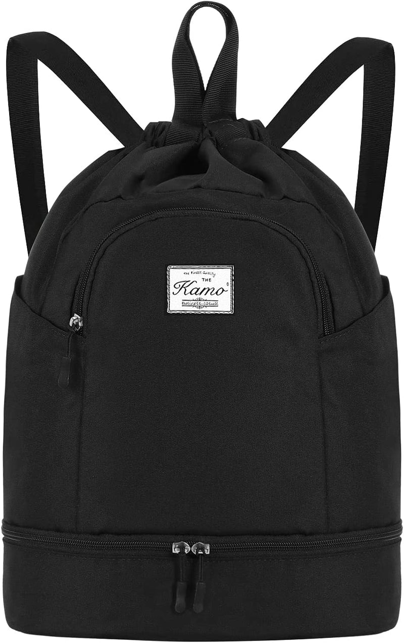 KAMO Drawstring Backpack Bag - Sport Swimming Yoga Backpack with Shoe Compartment, Two Water Bottle Holder for Men Women Large String Backpack Athletic Sackpack for School Travel Home & Garden > Household Supplies > Storage & Organization KAMO Black  