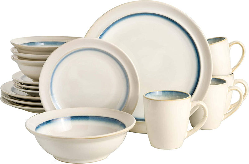 Gibson Elite Couture Bands round Reactive Glaze Stoneware Dinnerware Set, Service for Four (16Pcs), Blue and Cream Home & Garden > Kitchen & Dining > Tableware > Dinnerware Gibson Elite White and Teal  