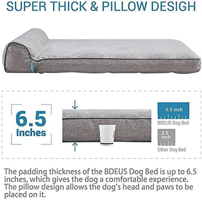 BDEUS 50 X 36 X 6.5In Orthopedic Dog Beds for Large Dogs Clearance Super Thick & Comfortable Pet Bed with Pillow, Washable Cover and Anti-Slip Bottom
