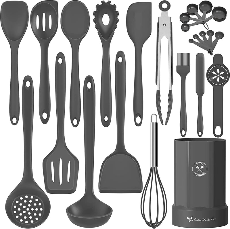 Silicone Kitchen Cooking Utensil Set, Fungun 25 Pcs Kitchen Utensils with Spatula, Spoon, Turner Tongs, Heat Resistant Kitchen Gadgets Tools Set for Nonstick Cookware Khaki (Dishwasher, BPA Free) Home & Garden > Kitchen & Dining > Kitchen Tools & Utensils Fungun Gray  