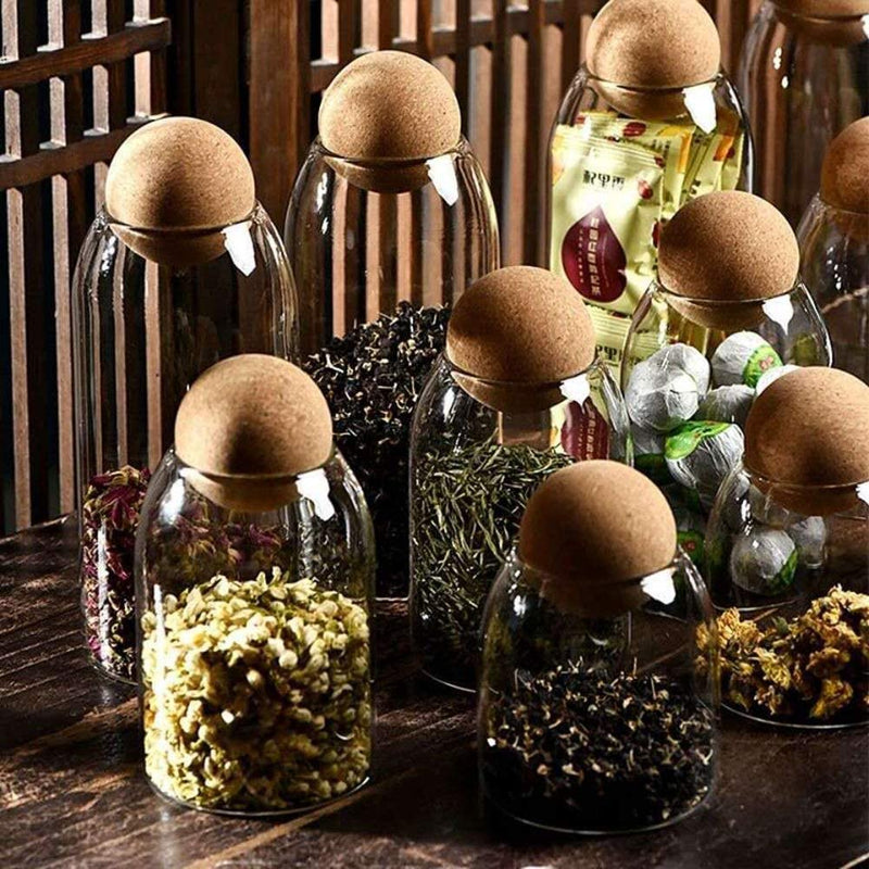 MOLADRI 800Ml/27Oz Clear Glass Storage Cute Canister Holder Ball Wood Cork Top, Modern Decorative Cylinder Container Jar with round Lid for Coffee, Spice, Candy, Salt, Cookie Cool Terrarium Bottle Home & Garden > Decor > Decorative Jars MOLADRI   