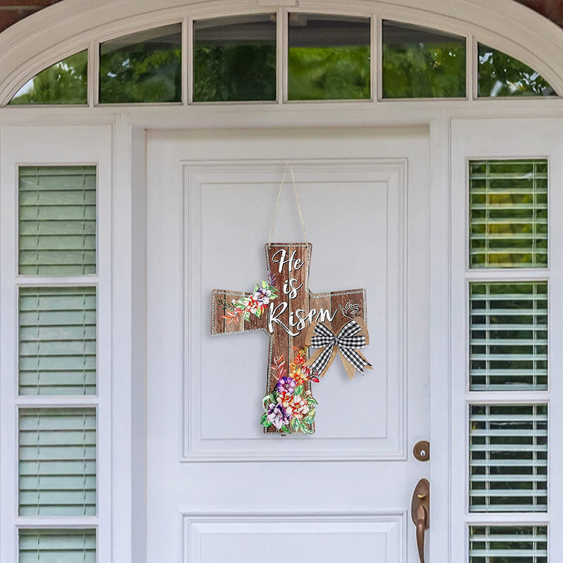 Sggvecsy Easter Wooden Hanging Door Sign He Is Risen Cross Door Sign Decoration Rustic Easter Wood Sign Plaque with Flowers Bowknot for Spring Wall Farmhouse Home Window Outdoor Indoor Decor