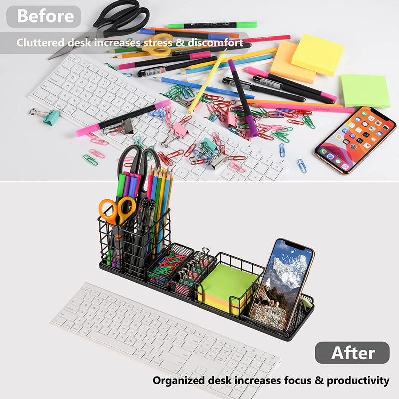 Pen Holder for Desk, Desk Organizer with Pen Holder, DIY Desktop Organization with Phone Holder, Sticky Note Tray, Paperclip Storage and Office Accessories Caddy for Office Home School, Black Home & Garden > Household Supplies > Storage & Organization Topwey   