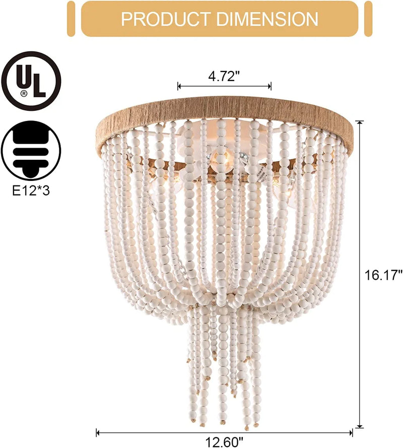 ELYCCUPA Wood Beaded Flush Mount Ceiling Light Bohemia Antique Rustic 3 Lights Mini Farmhouse Chandelier for Bedroom Kitchen Island Dining Living Room Home & Garden > Lighting > Lighting Fixtures > Chandeliers ELYCCUPA   