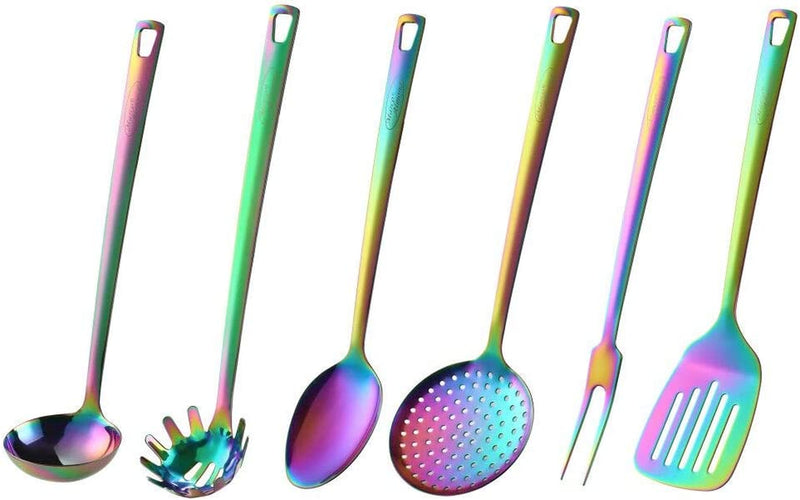 DISHWASHER SAFE Utensil Set, Marco Almond® Golden Titanium Utensils Sets, Stainless Steel Kitchen Cooking Spoons, Ladle Skimmer & Spatula Utensil Sets,6Pcs Frying & Grilling Cookware Tools Home & Garden > Kitchen & Dining > Kitchen Tools & Utensils Marco Almond Rainbow/6-Piece  