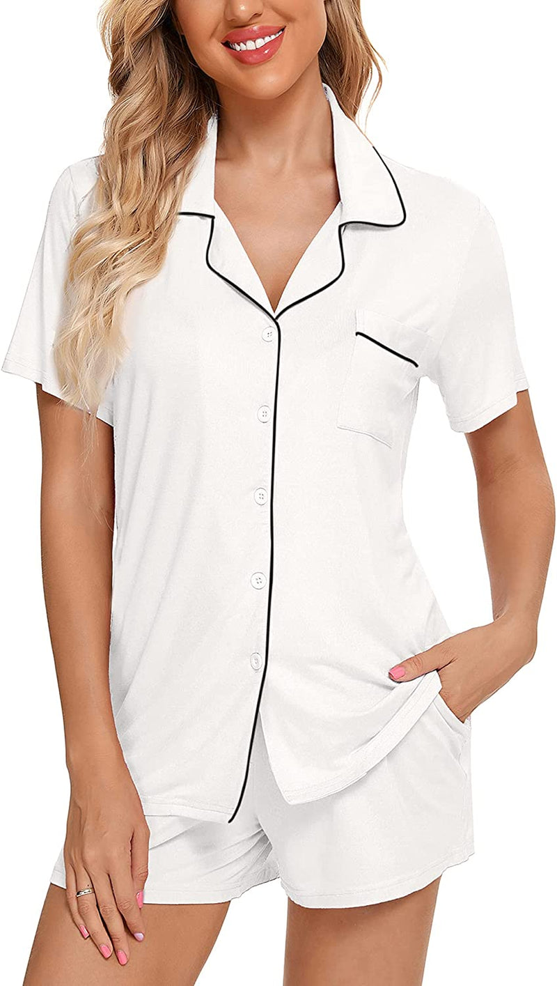 Samring Women'S Button down Pajama Set V-Neck Short Sleeve Sleepwear Soft Pj Sets S-XXL  Samring B Style Pants With Pockets-white Large 