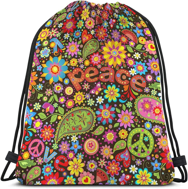 Beabes Peace Drawstring Bags Backpack Bag Sign Symbol Love Hippie Colorful Floral Butterfly Paisley Heart Leaf Sport Gym Sack Drawstring Bag String Bag Yoga Bag for Men Women Boys Girls Home & Garden > Household Supplies > Storage & Organization Beabes Multi-a40 14x16.9 Inch 