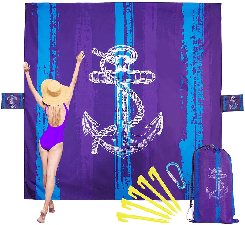 Beach Accessories Camping Blanket for Vacation - Necessities Stuff Blankets Picnic Mat Waterproof Sandproof Oversized Lightweight Compact Extra Large 79"×79" Washable with Anchors Stakes Zipper Home & Garden > Lawn & Garden > Outdoor Living > Outdoor Blankets > Picnic Blankets TwoYek Blue Boat Anchor 79"×79" 