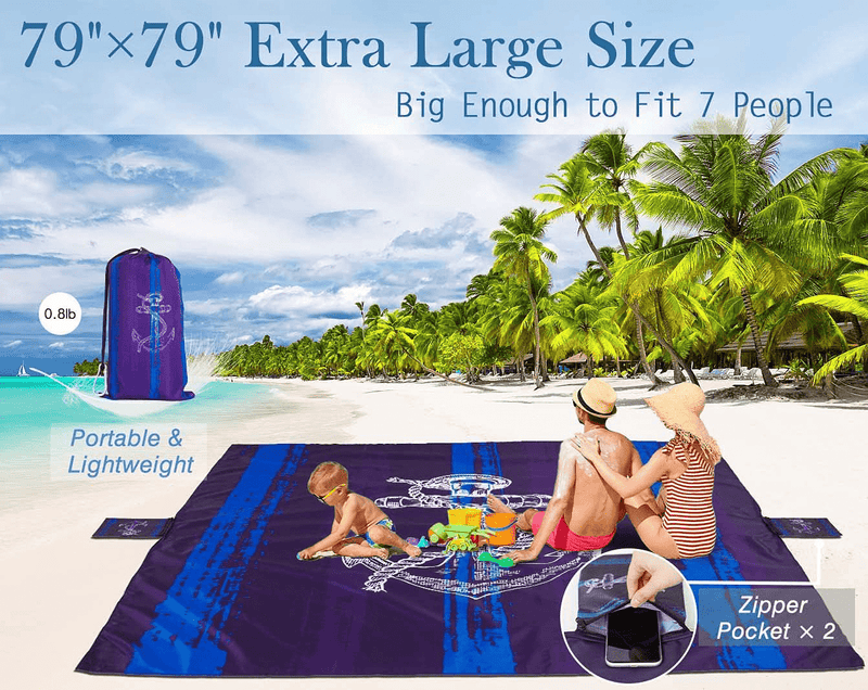 Beach Accessories Camping Blanket for Vacation - Necessities Stuff Blankets Picnic Mat Waterproof Sandproof Oversized Lightweight Compact Extra Large 79"×79" Washable with Anchors Stakes Zipper Home & Garden > Lawn & Garden > Outdoor Living > Outdoor Blankets > Picnic Blankets TwoYek   