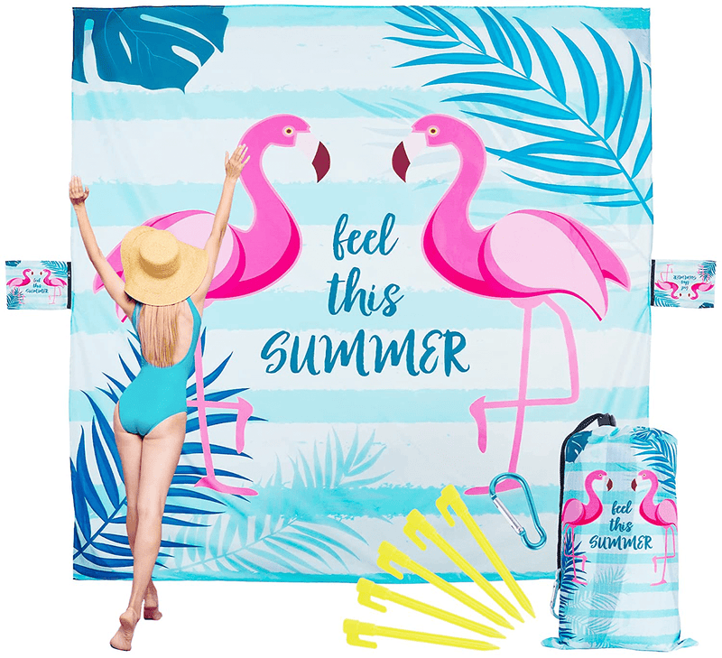 Beach Accessories Camping Blanket for Vacation - Necessities Stuff Blankets Picnic Mat Waterproof Sandproof Oversized Lightweight Compact Extra Large 79"×79" Washable with Anchors Stakes Zipper Home & Garden > Lawn & Garden > Outdoor Living > Outdoor Blankets > Picnic Blankets TwoYek Flamingo Blue Pink 79"×79" 