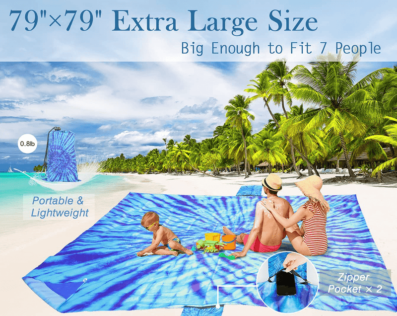 Beach Accessories Camping Blanket for Vacation - Necessities Stuff Blankets Picnic Mat Waterproof Sandproof Oversized Lightweight Compact Extra Large 79"×79" Washable with Anchors Stakes Zipper Home & Garden > Lawn & Garden > Outdoor Living > Outdoor Blankets > Picnic Blankets TwoYek   
