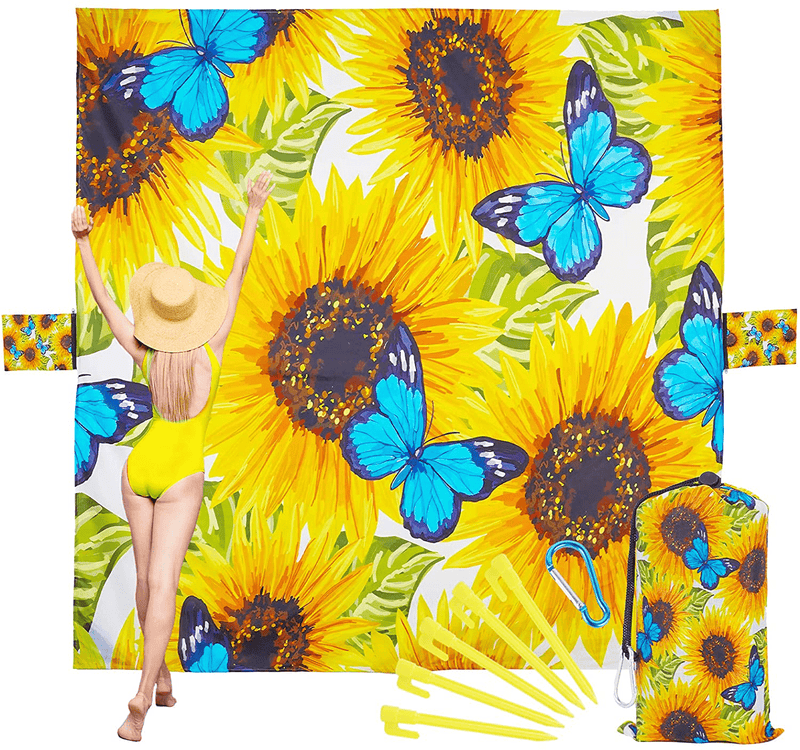Beach Accessories Camping Blanket for Vacation - Necessities Stuff Blankets Picnic Mat Waterproof Sandproof Oversized Lightweight Compact Extra Large 79"×79" Washable with Anchors Stakes Zipper Home & Garden > Lawn & Garden > Outdoor Living > Outdoor Blankets > Picnic Blankets TwoYek Flower Sunflower Butterfly 79"×79" 