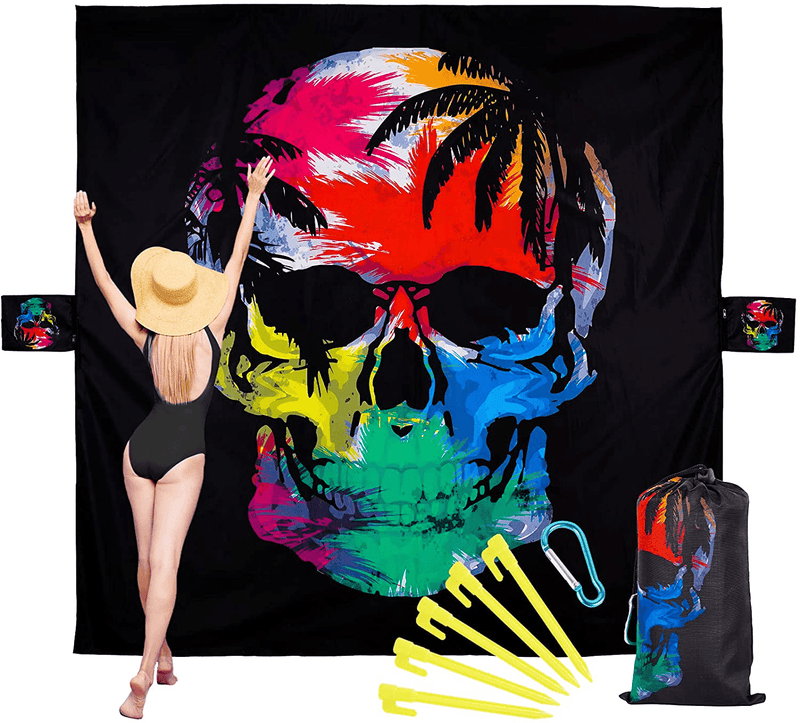 Beach Accessories Camping Blanket for Vacation - Necessities Stuff Blankets Picnic Mat Waterproof Sandproof Oversized Lightweight Compact Extra Large 79"×79" Washable with Anchors Stakes Zipper Home & Garden > Lawn & Garden > Outdoor Living > Outdoor Blankets > Picnic Blankets TwoYek Cool Black Skull 79"×79" 