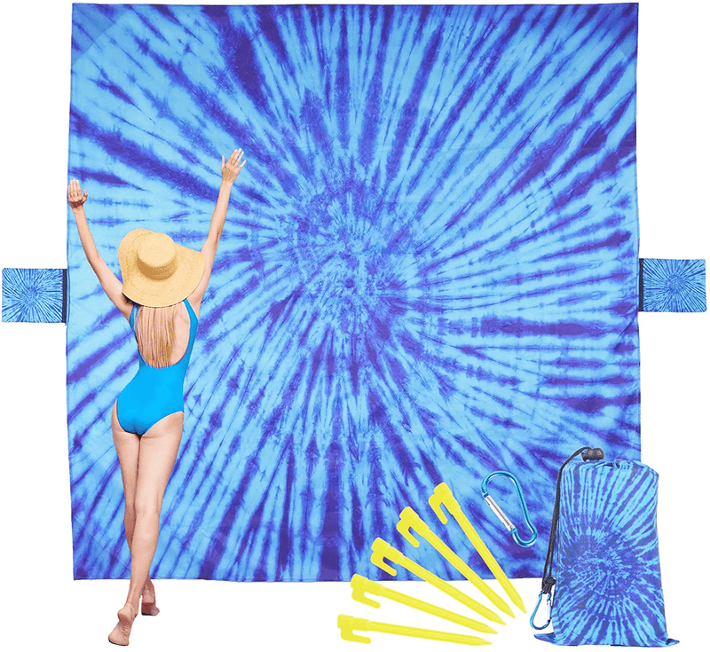 Beach Accessories Camping Blanket for Vacation - Necessities Stuff Blankets Picnic Mat Waterproof Sandproof Oversized Lightweight Compact Extra Large 79"×79" Washable with Anchors Stakes Zipper Home & Garden > Lawn & Garden > Outdoor Living > Outdoor Blankets > Picnic Blankets TwoYek Blue Tie Dye 79"×79" 