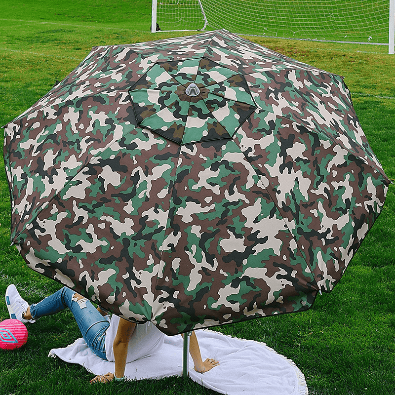 Beach and Grass Umbrella with Matching Travel Carrying Bag - Large 7 Feet 5 Inches Tilting Telescopic Aluminum Pole - Twist Sand/Grass Anchor - Wind Air Vent - Fiberglass Ribs (Henna Black/White) Home & Garden > Lawn & Garden > Outdoor Living > Outdoor Umbrella & Sunshade Accessories LUVUP Camo Green  