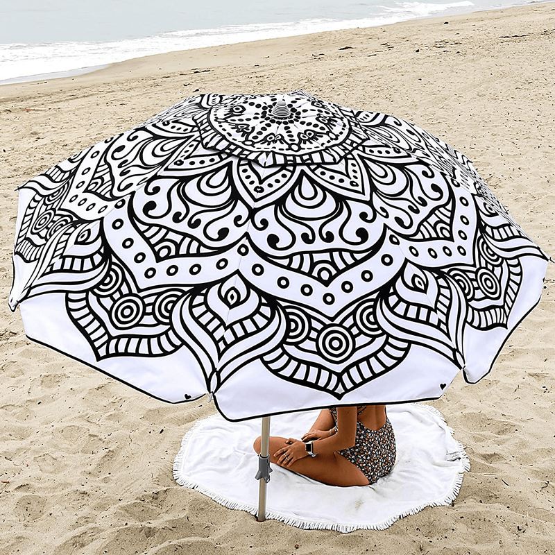 Beach and Grass Umbrella with Matching Travel Carrying Bag - Large 7 Feet 5 Inches Tilting Telescopic Aluminum Pole - Twist Sand/Grass Anchor - Wind Air Vent - Fiberglass Ribs (Henna Black/White) Home & Garden > Lawn & Garden > Outdoor Living > Outdoor Umbrella & Sunshade Accessories LUVUP   