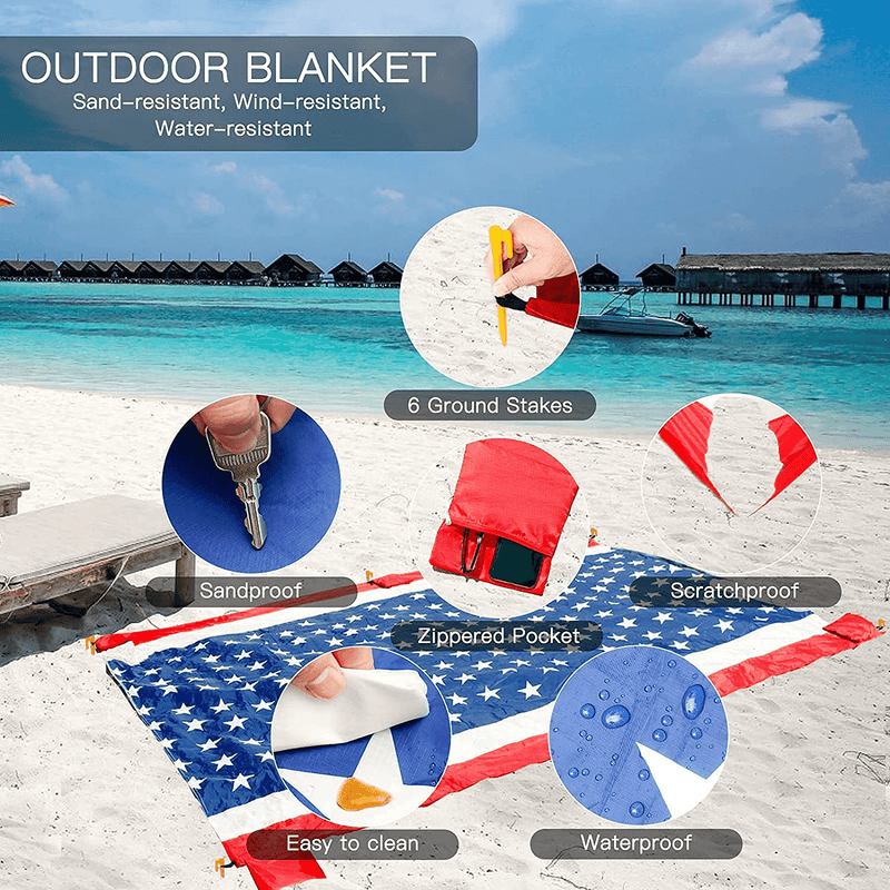 Beach Blanket Sandproof ,Oversized 10'x8' for 4-8 Adults Outdoor Picnic Blankets,Sand Free Waterproof Beach Mat,USA Flag Patriotic Theme Compact Durable Outdoor Mat for Vacation,Camping,Park Home & Garden > Lawn & Garden > Outdoor Living > Outdoor Blankets > Picnic Blankets Pikorce   