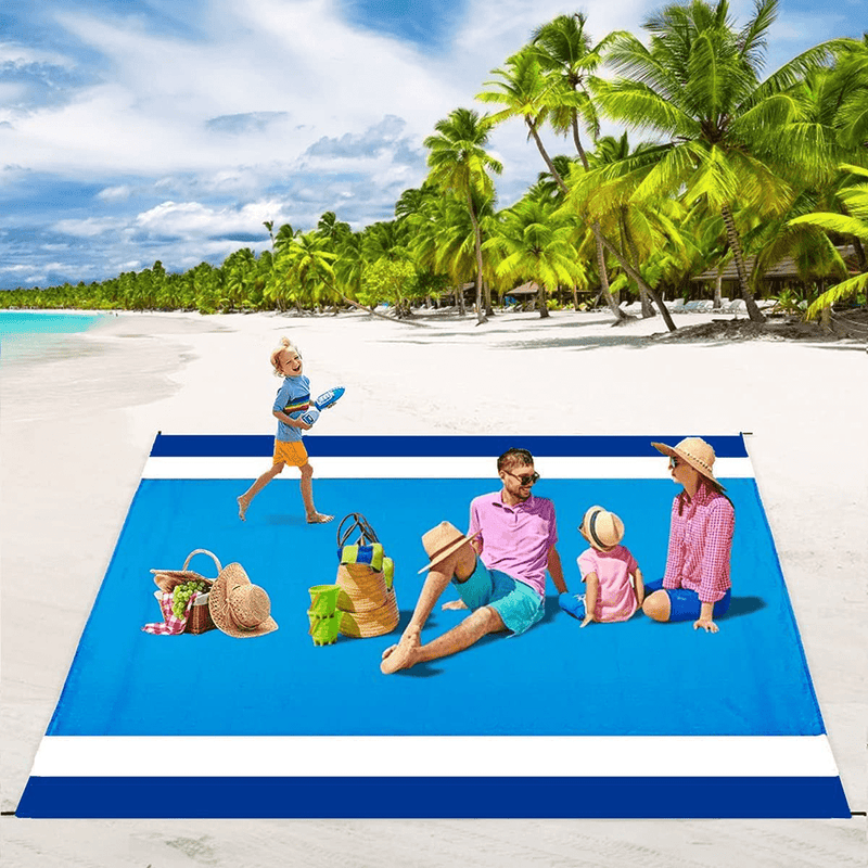 Beach Blanket Sandproof Oversized Waterproof ,Beach Mats 79"x98" Foldable Portable, Lightweight Picnic Blanket for 5~8 Adults, Washable Blankets with Stakes for Outdoor Travel,Camping,Hiking,Shading Home & Garden > Lawn & Garden > Outdoor Living > Outdoor Blankets > Picnic Blankets Sunny Lisa Dark Bule,white and Bule  