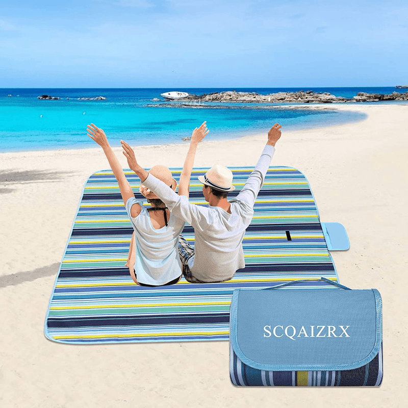 Beach Blanket, SCQAIZRX Foldable Picnic Blankets Waterproof Sandproof Beach Mat, Durable Portable Picnic Mat for Travel, Camping, Hiking Home & Garden > Lawn & Garden > Outdoor Living > Outdoor Blankets > Picnic Blankets SCQAIZRX Blue & White Stripes  