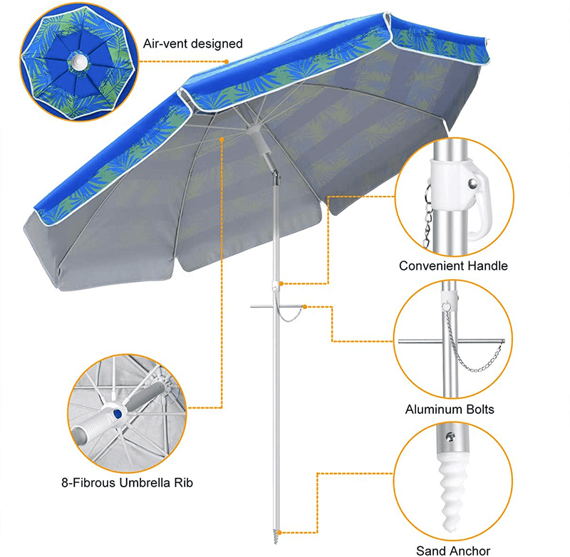 Beach Umbrella, 6.5ft Beach Umbrella with Sand Anchor & Tilt Mechanism, Portable UV 50+ Protection Beach Umbrella for Patio Garden Beach Outdoor,Sunshade Umbrella with Carry Bag