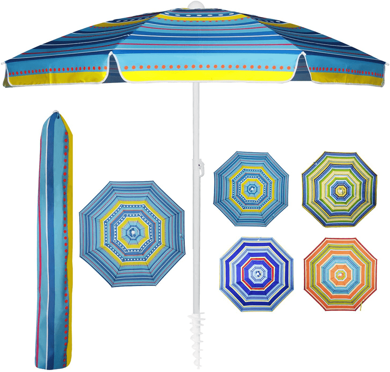 Beach Umbrellas with Sand Anchor,LUHAHALU 7 ft Outdoor Sunshade Portable Patio Umbrella with Carry Bag Heavy Duty Wind Resistant UV Protection for Sand Beach Garden Backyard (including Hanging Hook) Home & Garden > Lawn & Garden > Outdoor Living > Outdoor Umbrella & Sunshade Accessories LUHAHALU Spot Striped  