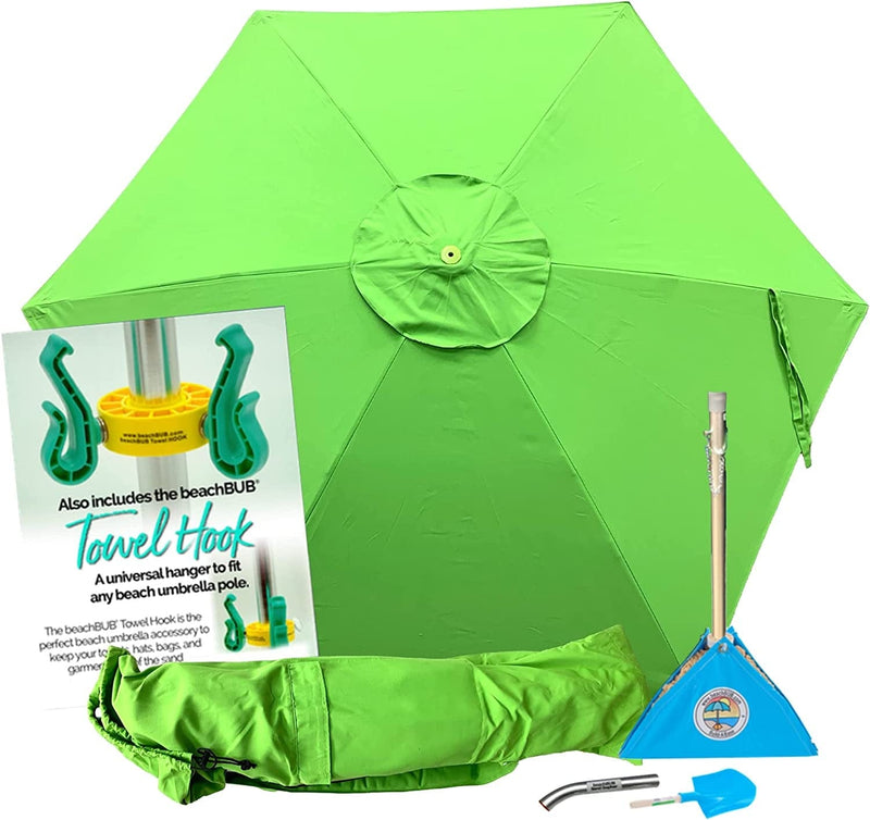 BEACHBUB ™ All-In-One Beach Umbrella System. Includes 7 ½' (50+ UPF) Umbrella, Oversize Bag, Base & Accessory Kit Sporting Goods > Outdoor Recreation > Winter Sports & Activities BEACHBUB Lime Lounger Green  