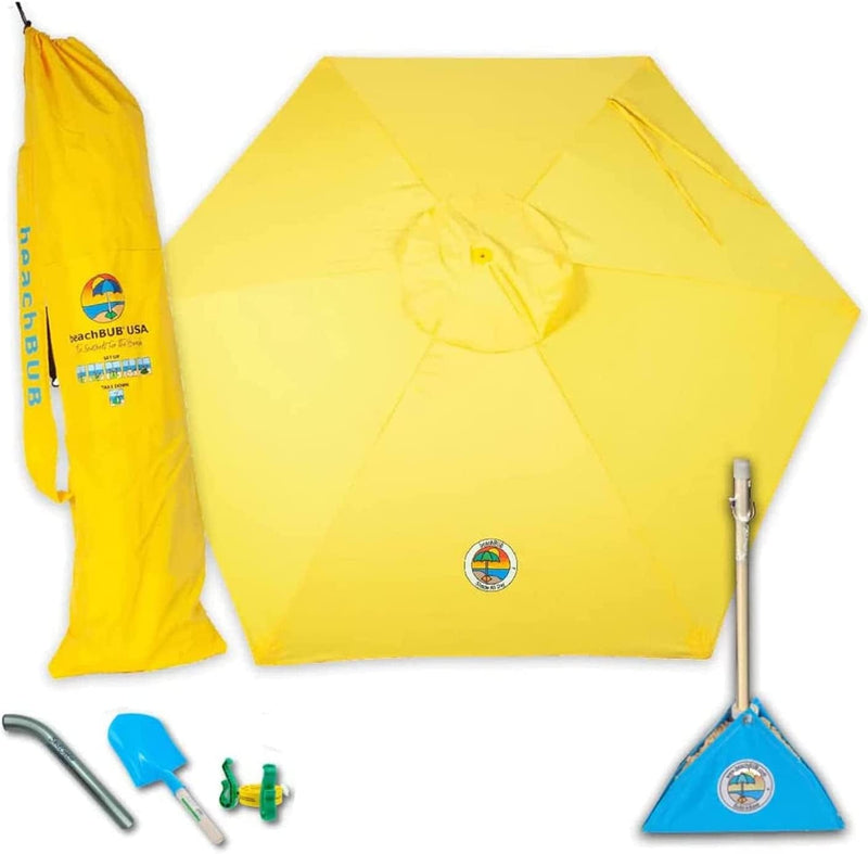 BEACHBUB ™ All-In-One Beach Umbrella System. Includes 7 ½' (50+ UPF) Umbrella, Oversize Bag, Base & Accessory Kit Sporting Goods > Outdoor Recreation > Winter Sports & Activities BEACHBUB Sun-kissed Yellow  