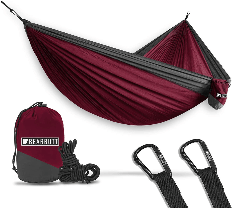 Bear Butt Hammocks - Camping Hammock for Outdoors, Backpacking & Camping Gear - Double hammock, Portable hammock, 2 Person Hammock for Travel, outdoors - Tree & Hiking Gear - Hammock that Holds 500lbs Home & Garden > Lawn & Garden > Outdoor Living > Hammocks Bear Butt Maroon / Charcoal  
