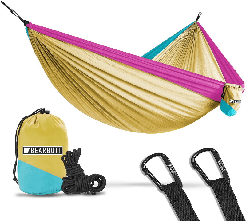 Bear Butt Hammocks - Camping Hammock for Outdoors, Backpacking & Camping Gear - Double hammock, Portable hammock, 2 Person Hammock for Travel, outdoors - Tree & Hiking Gear - Hammock that Holds 500lbs Home & Garden > Lawn & Garden > Outdoor Living > Hammocks Bear Butt Yellow / Sky Blue / Pink  