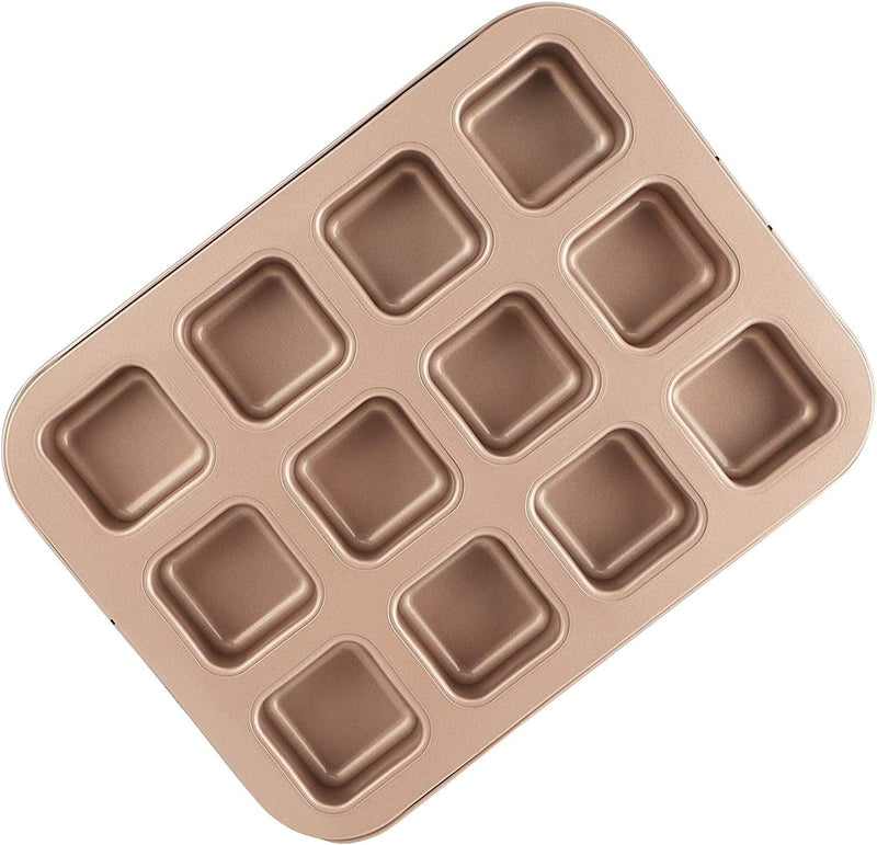Beasea Brownie Pan with Dividers, 1 Set 12 Square Cavity Mini Cake Non Stick Baking Carbon Steel Bakeware Cupcake Bread Mold Small Bite Edge 3X4 Individual Cup Cutter Sheet Tray for Cookie Oven Cook Home & Garden > Kitchen & Dining > Cookware & Bakeware Beasea Gold Brownie 12 Cup  