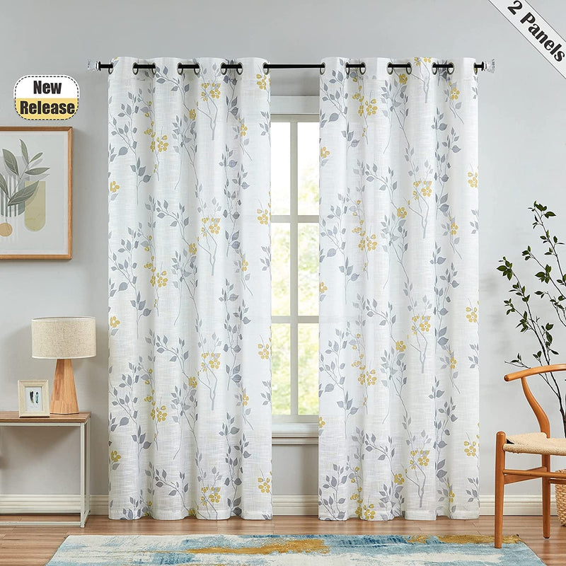 Beauoop Grommet Floral Semi Sheer Curtains 84 Inch Length for Living Room Bedroom Farmhouse Botanical Leaf Printed Rustic Linen Textured Panel Drapes Window Treatment, Set of 2, 50 Inch Wide,Blue/Gray Home & Garden > Decor > Window Treatments > Curtains & Drapes Beauoop Yellow/Gray 50"x63"x2 