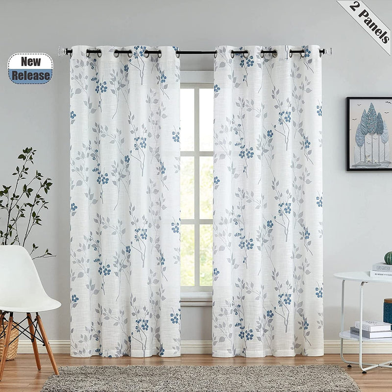 Beauoop Grommet Floral Semi Sheer Curtains 84 Inch Length for Living Room Bedroom Farmhouse Botanical Leaf Printed Rustic Linen Textured Panel Drapes Window Treatment, Set of 2, 50 Inch Wide,Blue/Gray Home & Garden > Decor > Window Treatments > Curtains & Drapes Beauoop Blue/Gray 50"x84"x2 
