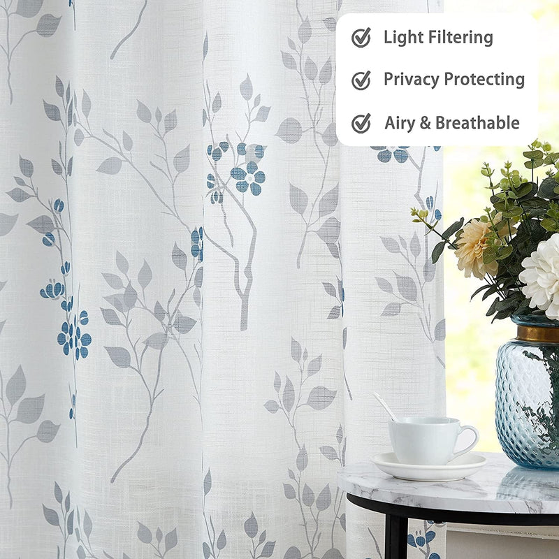 Beauoop Grommet Floral Semi Sheer Curtains 84 Inch Length for Living Room Bedroom Farmhouse Botanical Leaf Printed Rustic Linen Textured Panel Drapes Window Treatment, Set of 2, 50 Inch Wide,Blue/Gray Home & Garden > Decor > Window Treatments > Curtains & Drapes Beauoop   
