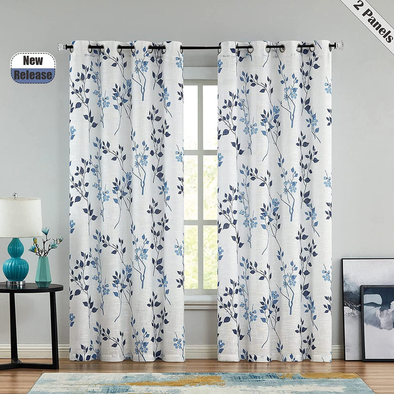Beauoop Grommet Floral Semi Sheer Curtains 84 Inch Length for Living Room Bedroom Farmhouse Botanical Leaf Printed Rustic Linen Textured Panel Drapes Window Treatment, Set of 2, 50 Inch Wide,Blue/Gray Home & Garden > Decor > Window Treatments > Curtains & Drapes Beauoop Blue/Navy 50"x63"x2 