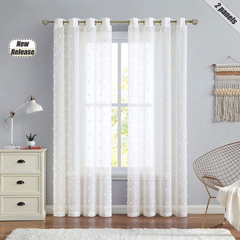 Beauoop Ivory Sheer Window Curtain Panels Embroidered with Pom Pom Nursery Child Window Drapes Elegant Grommet Top Window Treatment for Living Room Bedroom Girls Room, Set of 2, 54" W X 84" L, Linen Home & Garden > Decor > Window Treatments > Curtains & Drapes Beauoop Linen 54"x63"×2 