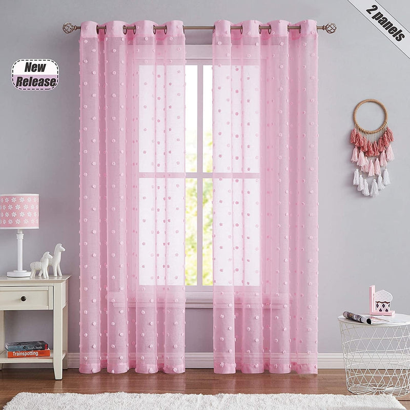 Beauoop Ivory Sheer Window Curtain Panels Embroidered with Pom Pom Nursery Child Window Drapes Elegant Grommet Top Window Treatment for Living Room Bedroom Girls Room, Set of 2, 54" W X 84" L, Linen Home & Garden > Decor > Window Treatments > Curtains & Drapes Beauoop Pink 54"x63"×2 