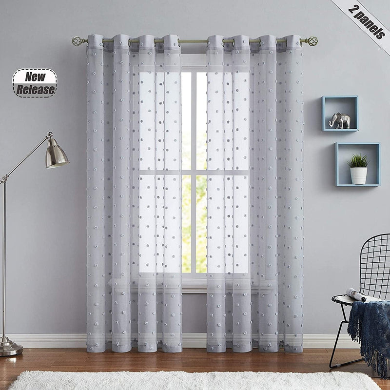 Beauoop Ivory Sheer Window Curtain Panels Embroidered with Pom Pom Nursery Child Window Drapes Elegant Grommet Top Window Treatment for Living Room Bedroom Girls Room, Set of 2, 54" W X 84" L, Linen Home & Garden > Decor > Window Treatments > Curtains & Drapes Beauoop Grey 54"x95"×2 