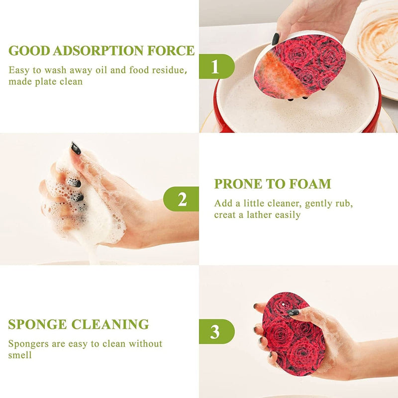 Beautiful Red Roses Kitchen Sponges Valentine'S Day Romantic Floral Cleaning Dish Sponges Non-Scratch Natural Scrubber Sponge for Kitchen Bathroom Cars, Pack of 3 Home & Garden > Household Supplies > Household Cleaning Supplies Eionryn   