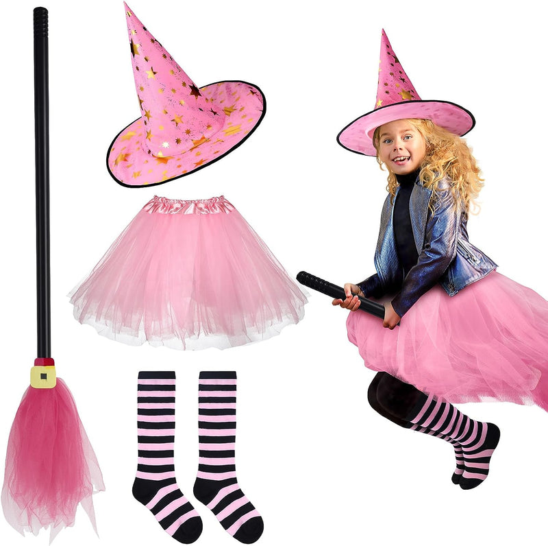Panitay 4 Pcs Halloween Toddler Witch Costume for Girls Includes Pink Tutu Cute Witch Hat and Broom Striped Witch Socks for Girls Accessories Halloween Costumes for Kids Toddler, Pink  Panitay   